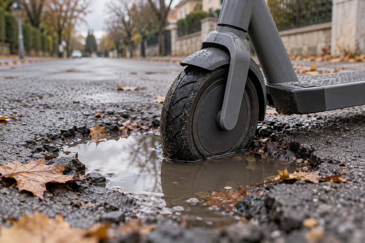 Roue avant d’une trottinette électrique grise coincée dans un nid-de-poule rempli d’eau