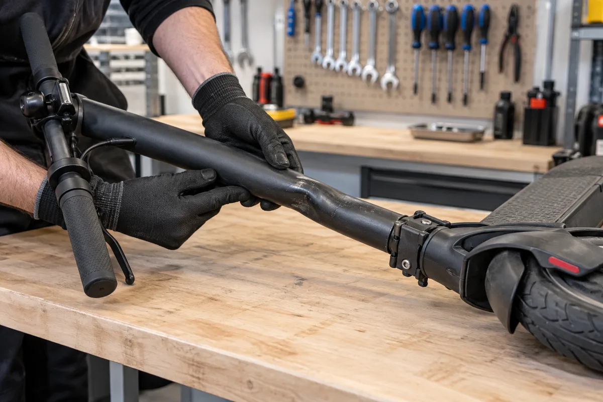 Mains gantées d’un technicien examinant la potence tordue d’une trottinette électrique noire posée sur un établi en bois, outils rangés au mur