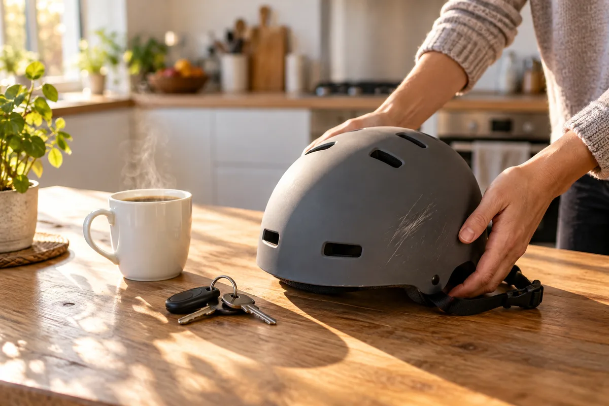 Mains posant un casque de trottinette gris mat éraflé sur une table de cuisine en bois, à côté d’une tasse fumante et d’un trousseau de clés, lumière du matin