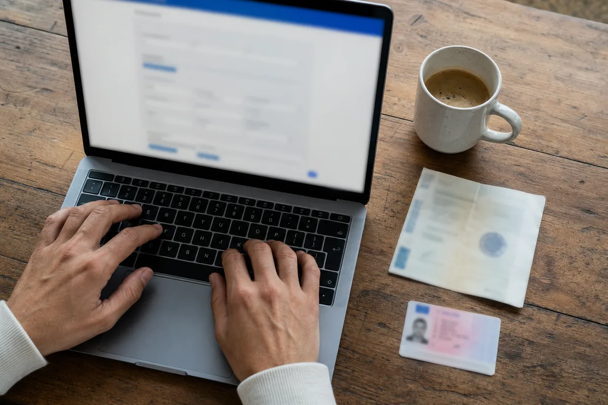 Personne remplissant un formulaire d’assurance en ligne sur ordinateur portable avec documents posés à côté