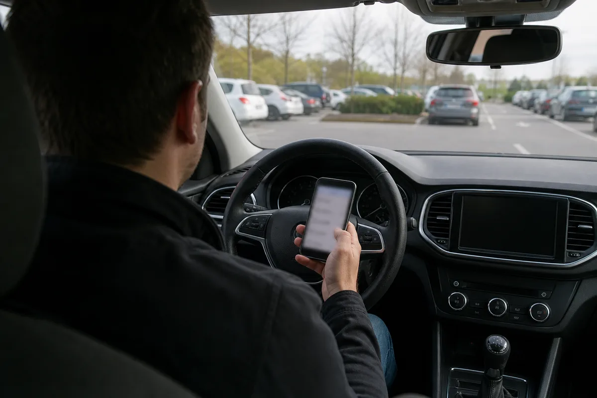Conducteur au volant consultant son smartphone à l’arrêt, intérieur de voiture lumineux