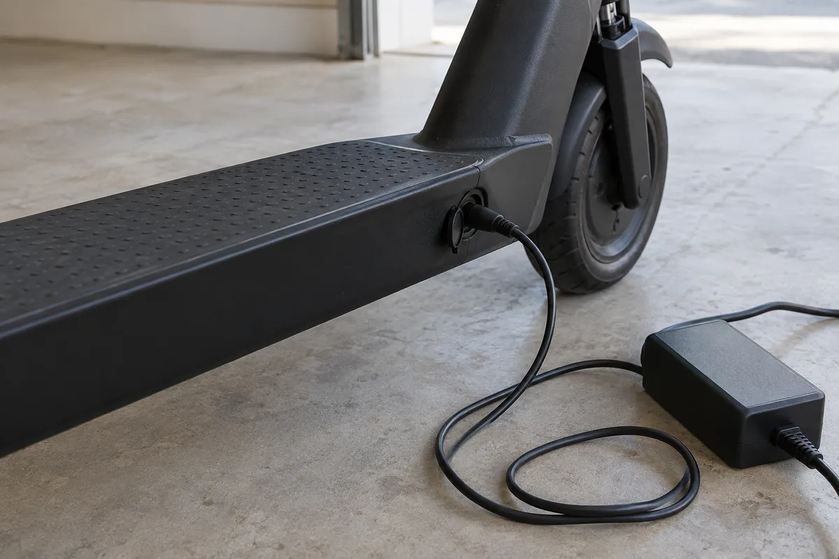 Chargeur noir branché au port de charge d’une trottinette électrique posée sur un sol de garage