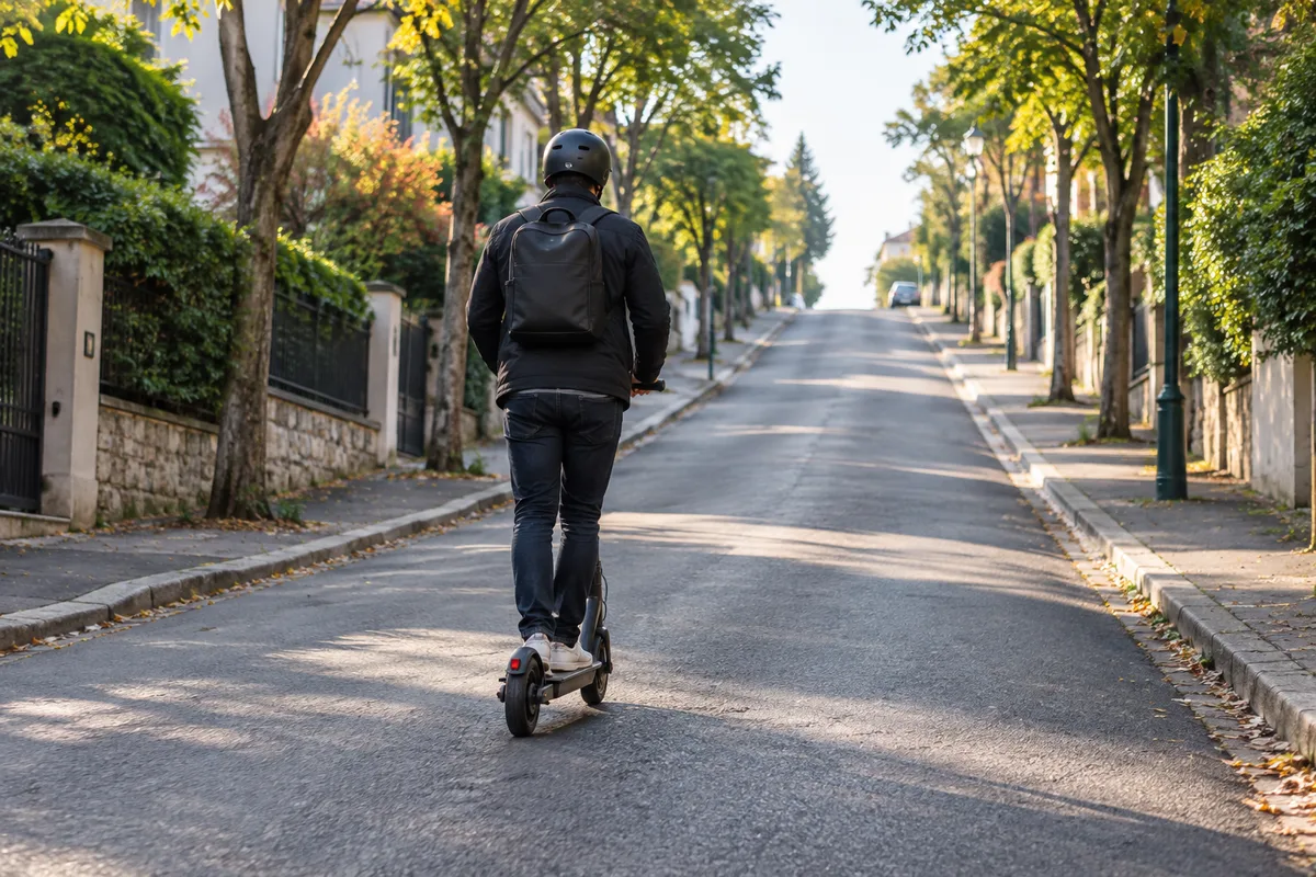 Conducteur de trottinette électrique vu de dos montant une rue en pente bordée d’arbres