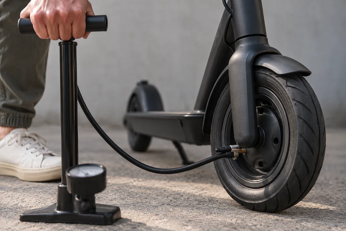 Main tenant une pompe à pied munie d’un manomètre, raccordée à la valve du pneu avant d’une trottinette