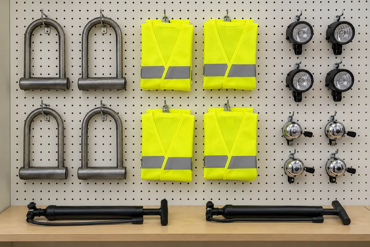Mur d’accessoires d’un magasin de mobilité électrique avec antivols, gilets rétroréfléchissants et feux