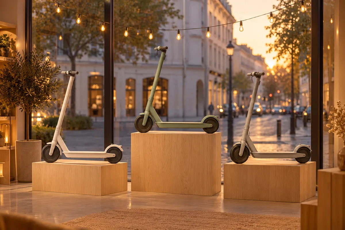 Vitrine de magasin présentant trois trottinettes électriques unies sur des socles en bois clair