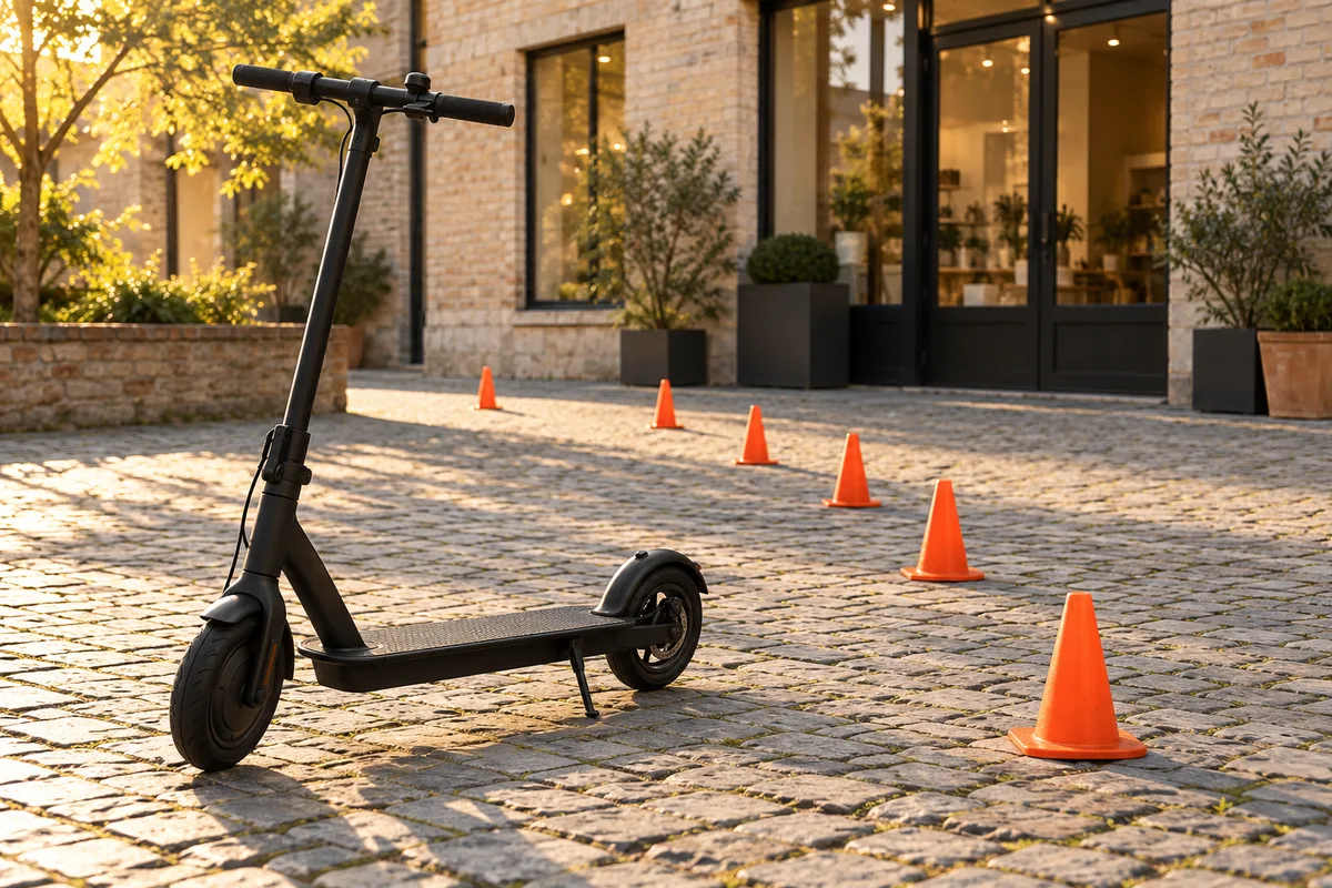 Trottinette électrique noire à l’arrêt devant un petit parcours de plots orange dans une cour pavée