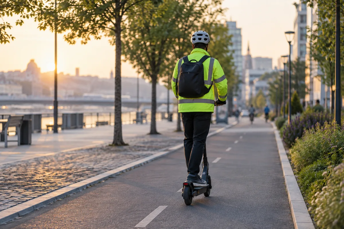 Conducteur de trottinette vu de dos avec un casque clair sur une piste cyclable