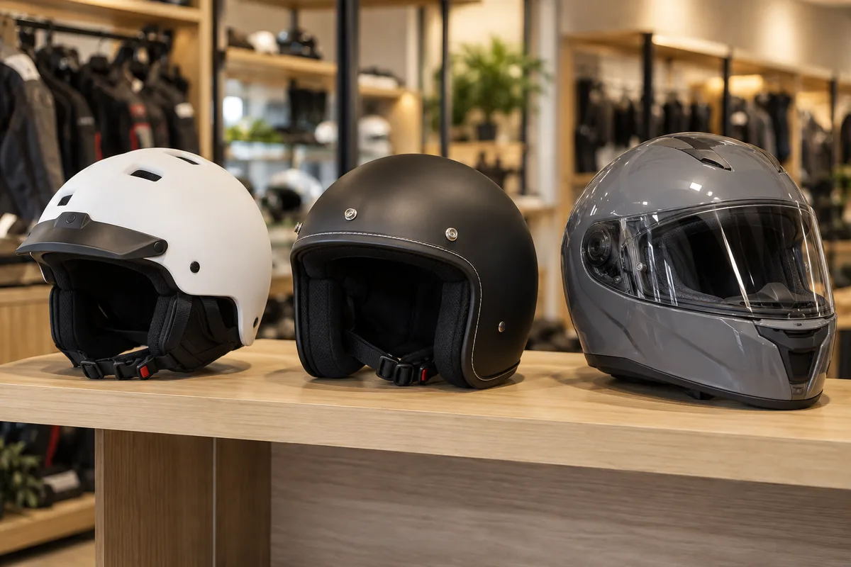 Trois casques de formes différentes sur une étagère de magasin