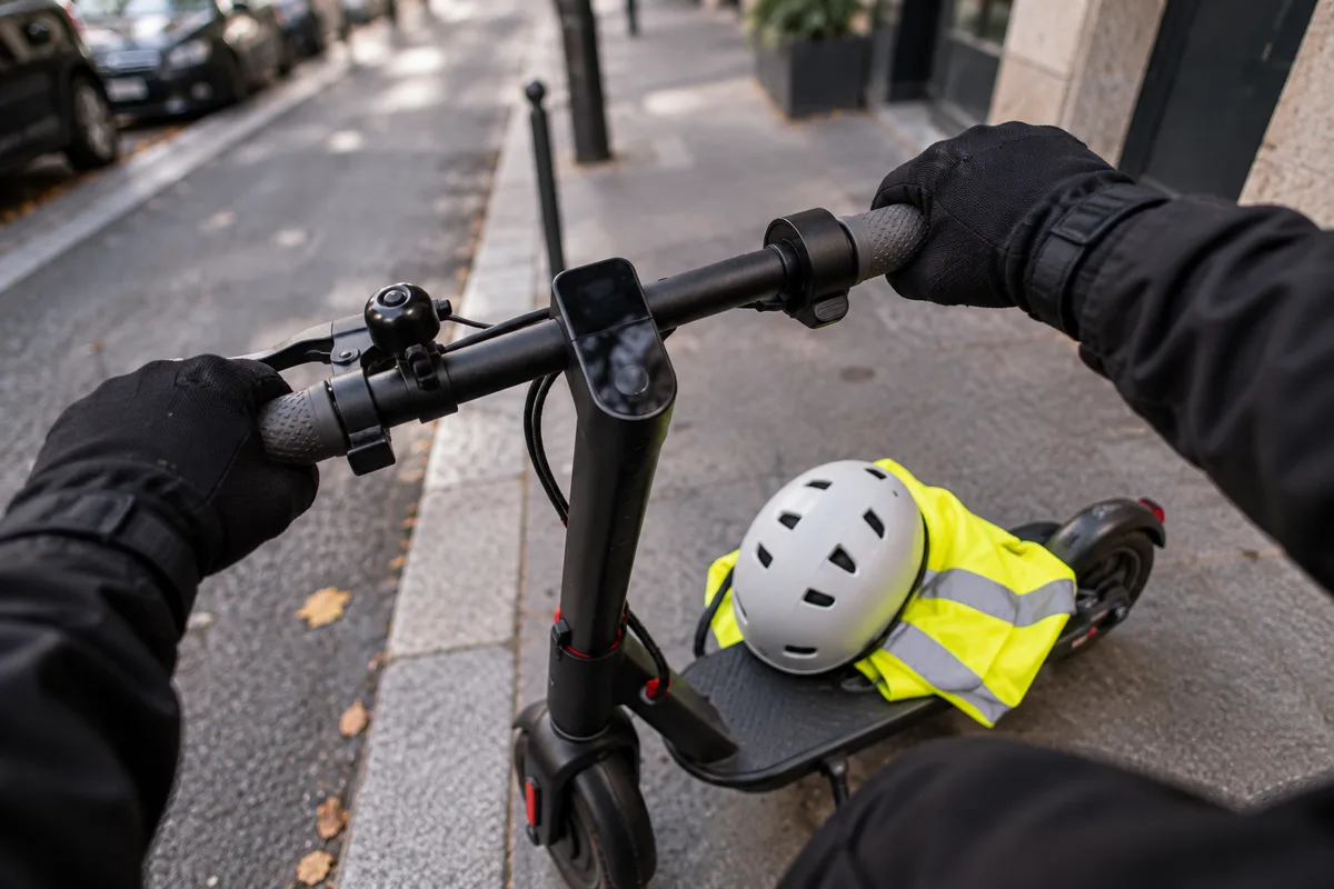 Mains gantées sur le guidon d’une trottinette près d’un casque et d’un gilet