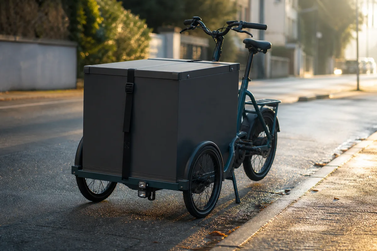 Vélo cargo à trois roues avec caisson de livraison garé le long d’un trottoir urbain, lumière du matin