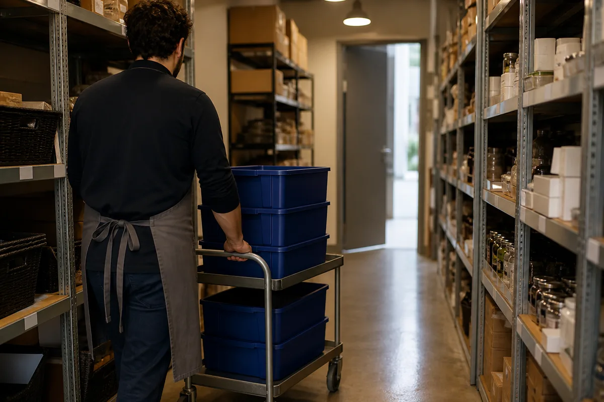 Commerçant poussant un chariot de manutention chargé de bacs plastique unis dans une réserve de boutique