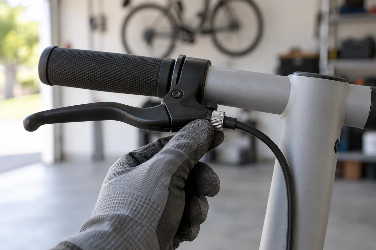 Main gantée tournant la molette de tension à la base d’un levier de frein sur le guidon d’une trottinette électrique grise