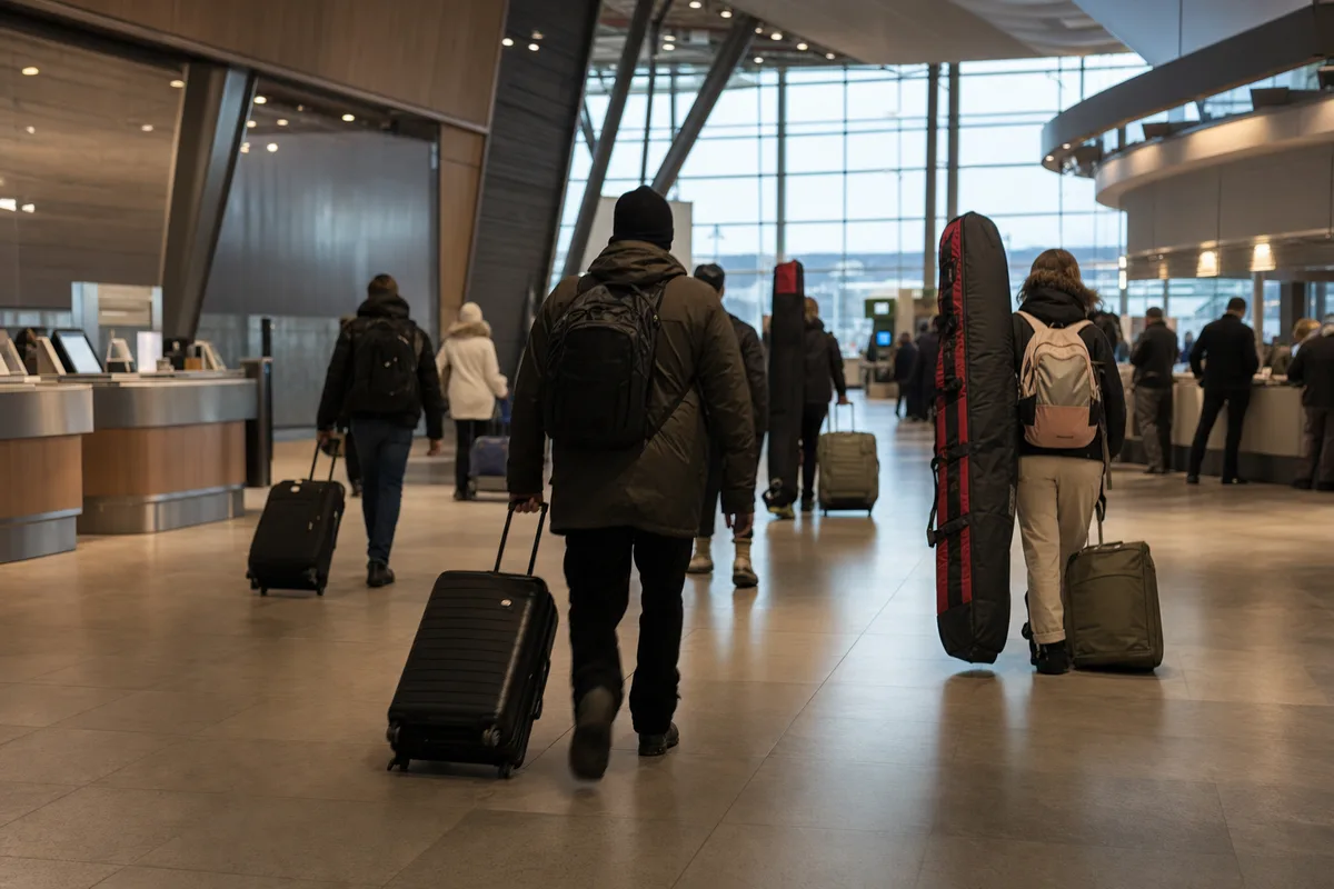 Comptoirs de location de voitures dans un hall d’aéroport avec voyageurs et bagages