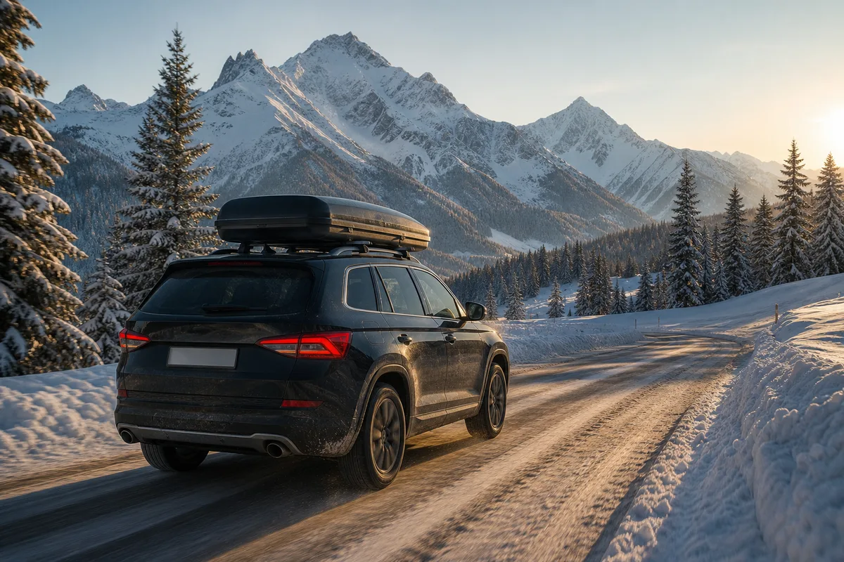 Voiture chargée de bagages sur une route de montagne enneigée dans les Alpes