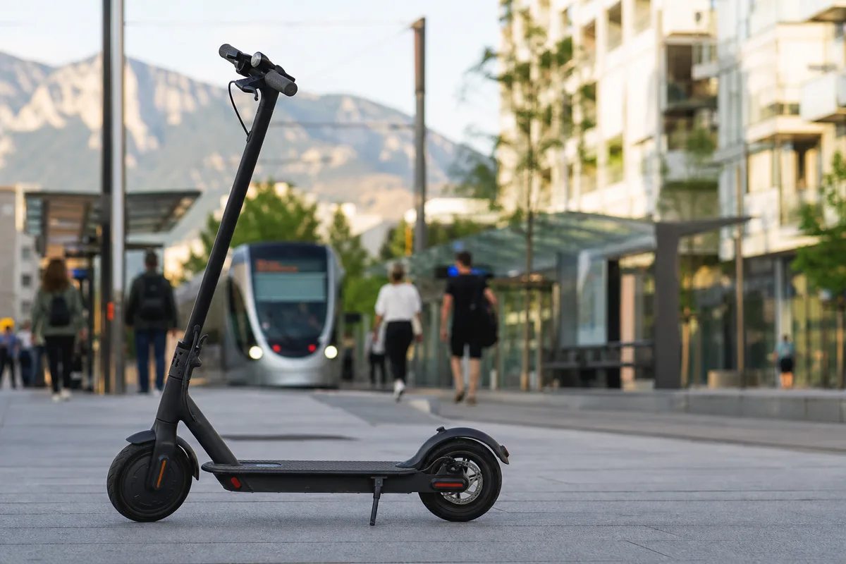 Trottinette électrique stationnée devant une station de tramway moderne en centre-ville