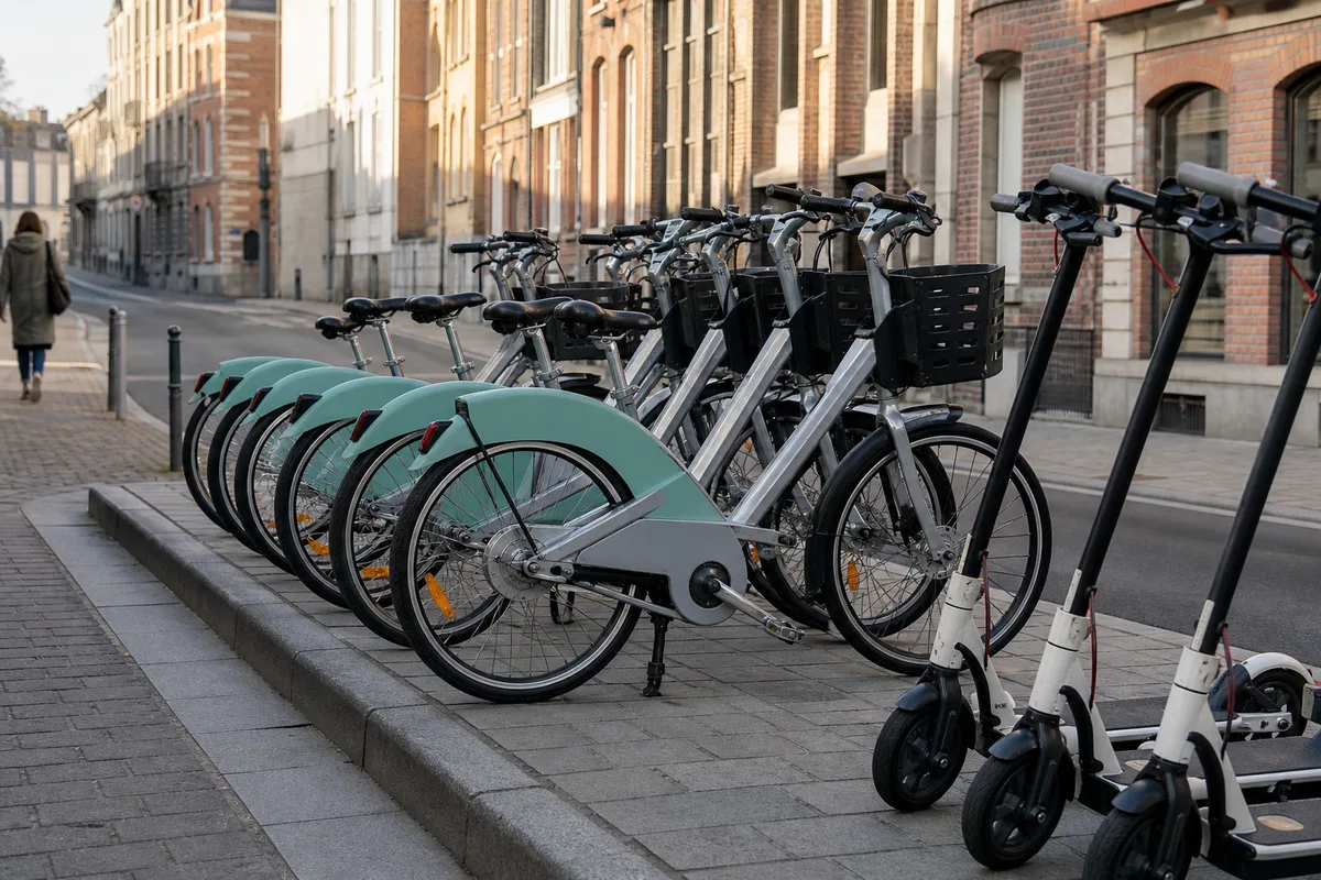 Vélos et trottinettes électriques en libre-service alignés dans une rue pavée du Nord de la France, tôt le matin