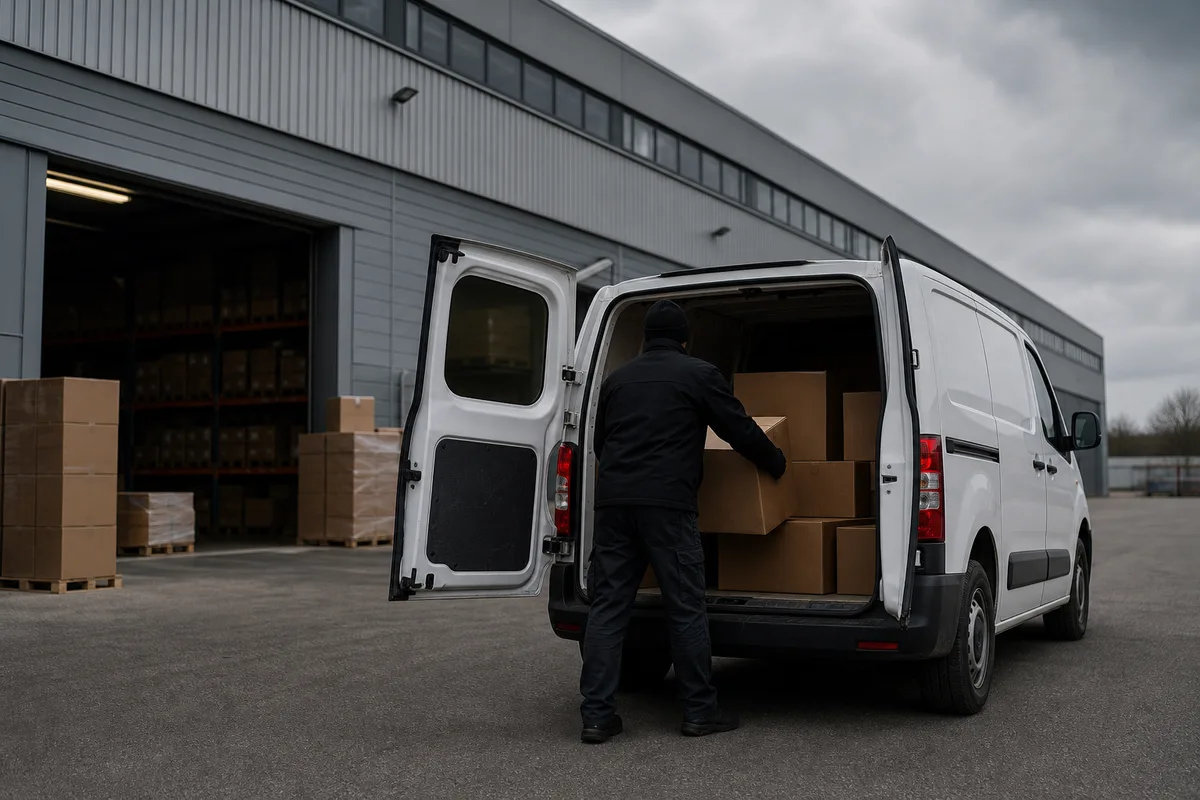Chauffeur-livreur chargeant des colis dans une camionnette utilitaire sur un parking d’entrepôt logistique