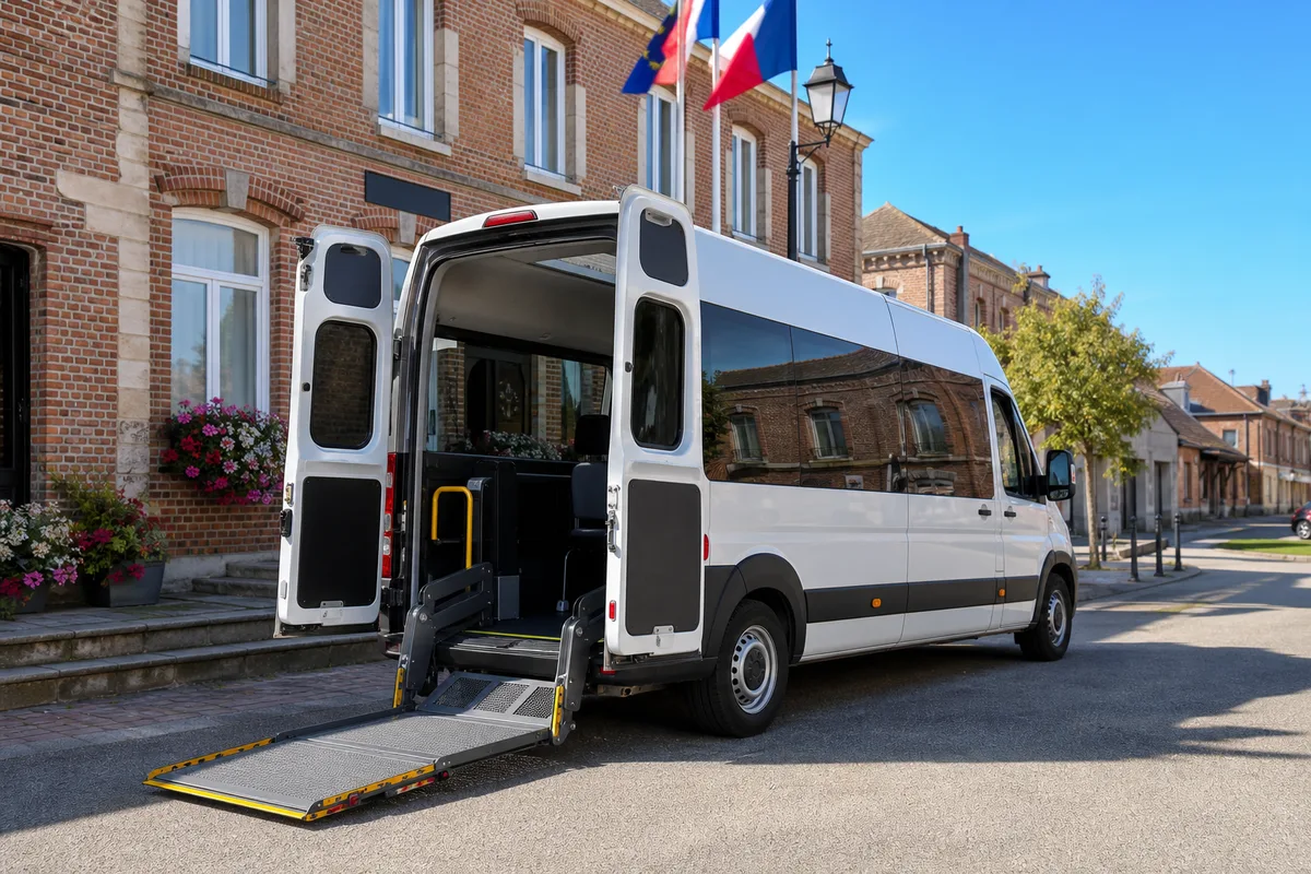 Petit véhicule de transport adapté avec rampe d’accès pour personne à mobilité réduite, garé devant un bâtiment municipal