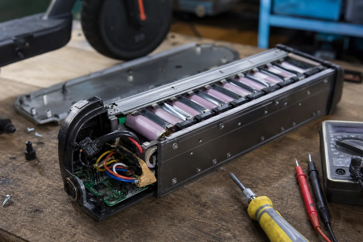 Batterie de trottinette électrique démontée sur un établi d’atelier