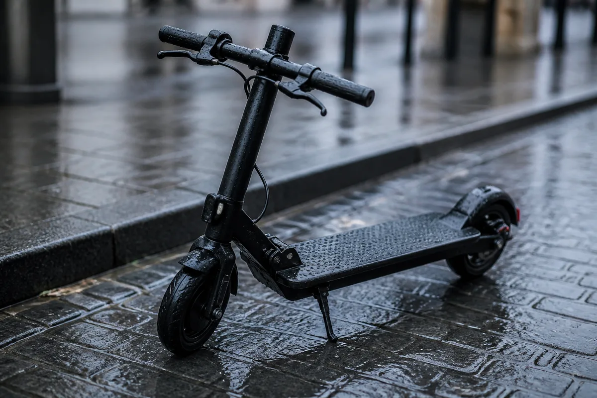Trottinette électrique garée sur un trottoir mouillé, gouttes de pluie visibles sur le plateau