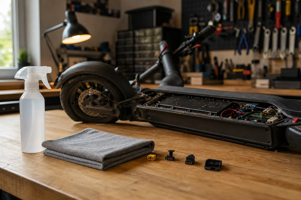 Établi d’atelier avec chiffon, spray et connecteurs de trottinette électrique en cours de séchage