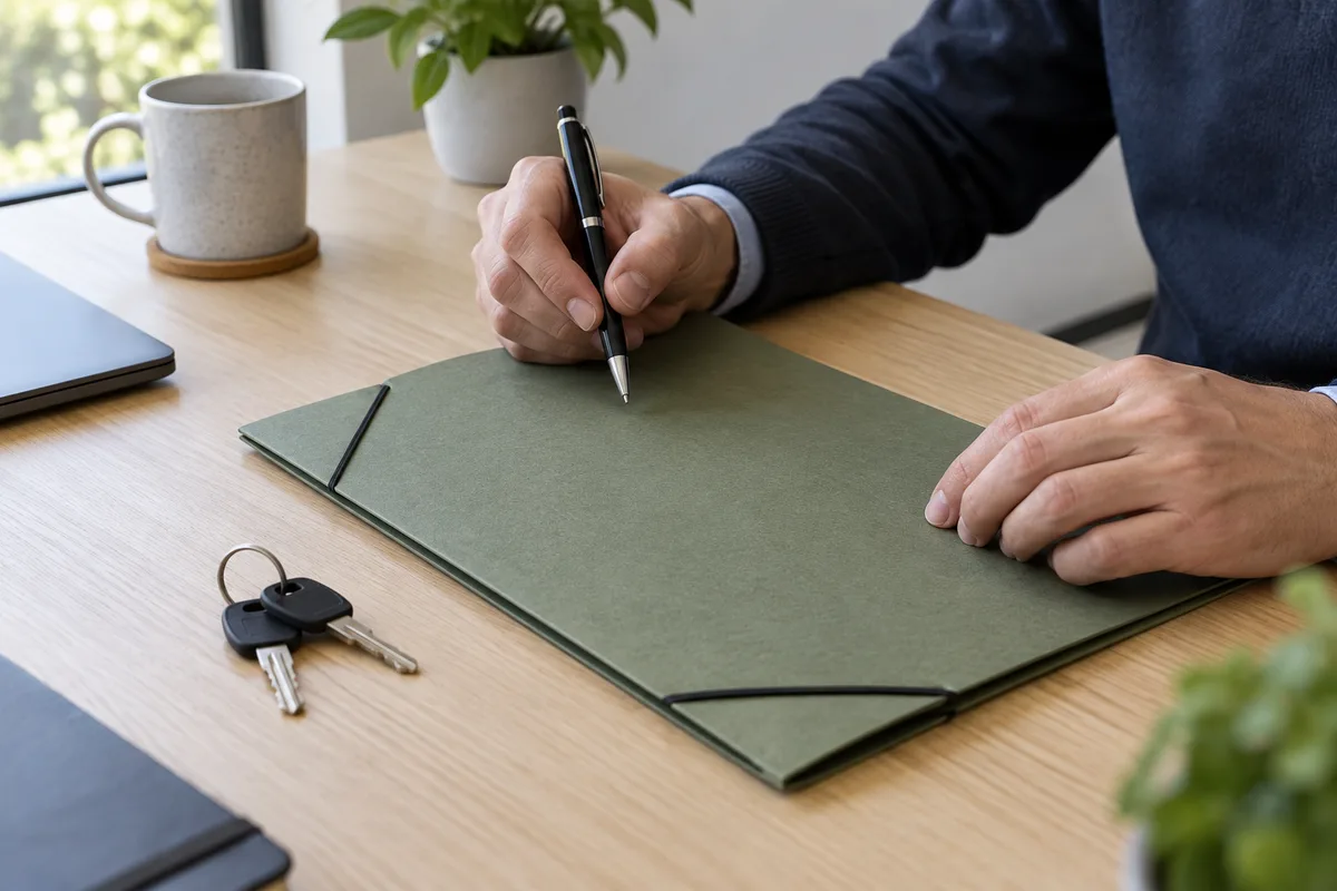 Mains tenant un stylo au-dessus d’une chemise cartonnée fermée, sur un bureau en bois clair, à côté de deux clés d’antivol