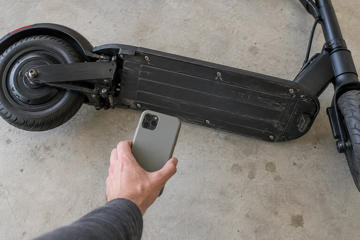Main tenant un téléphone vu de dos au-dessus du dessous du plateau d’une trottinette électrique noire couchée sur un sol de garage