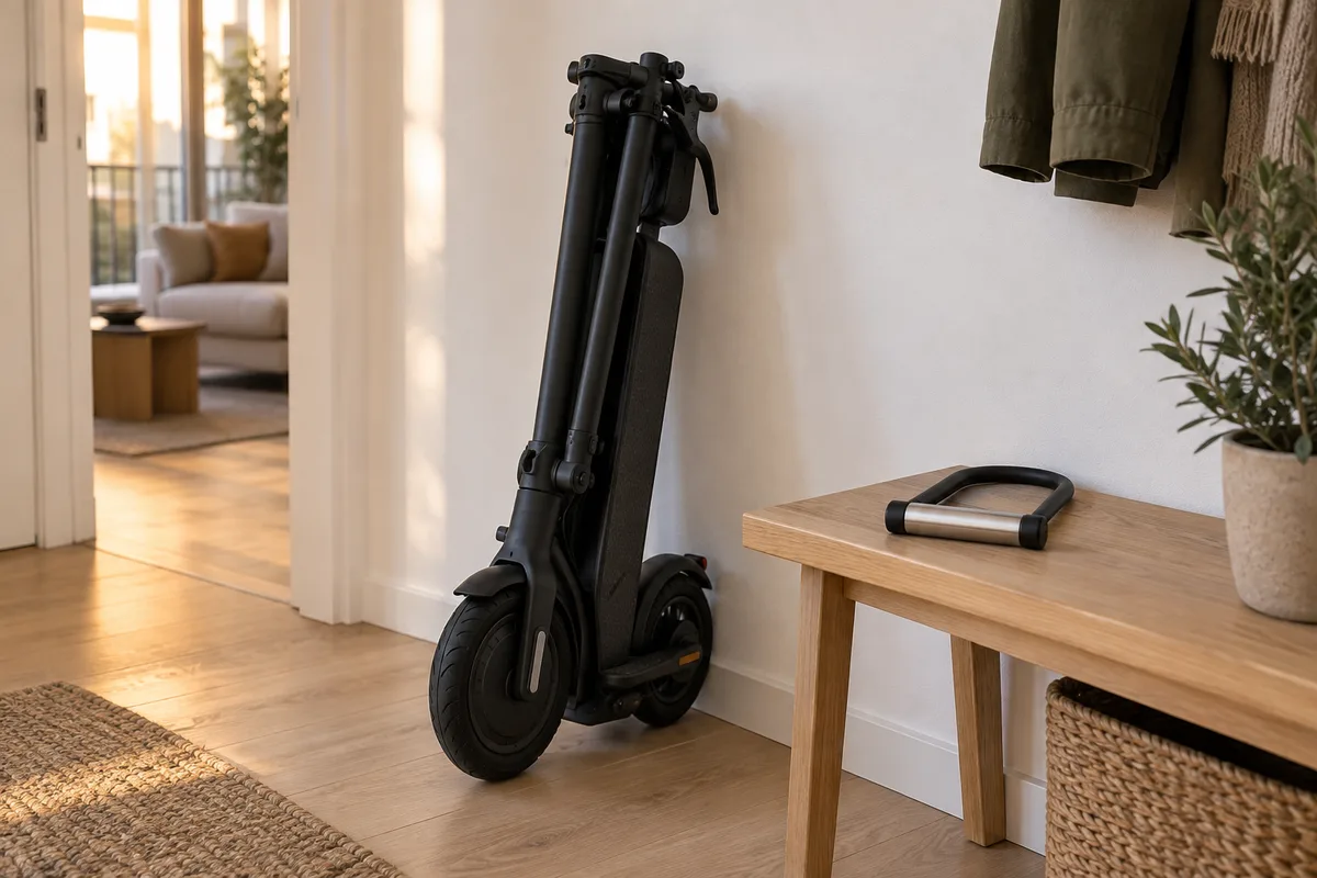 Trottinette électrique noire pliée, rangée dans l’entrée d’un appartement contre un mur blanc, antivol en U posé sur un banc en bois